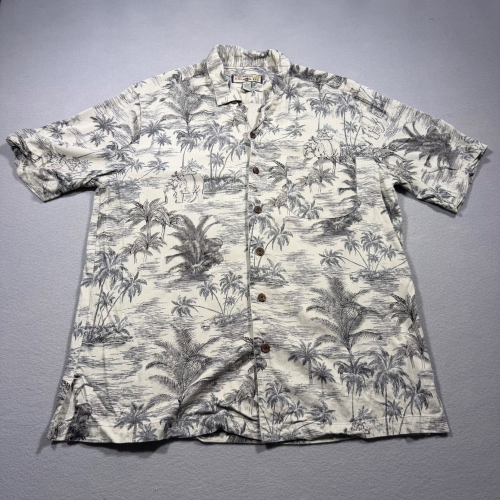 Caribbean Joe Mens Large Rayon Button Up Shirt Elephant Palm Tree Tropical Cream